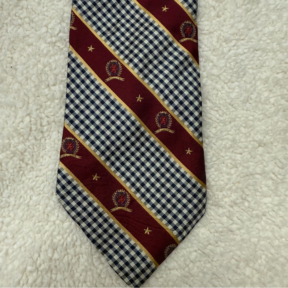 Tommy Hilfiger Red and Blue Striped Italian Silk Tie Vintage Made in the USA